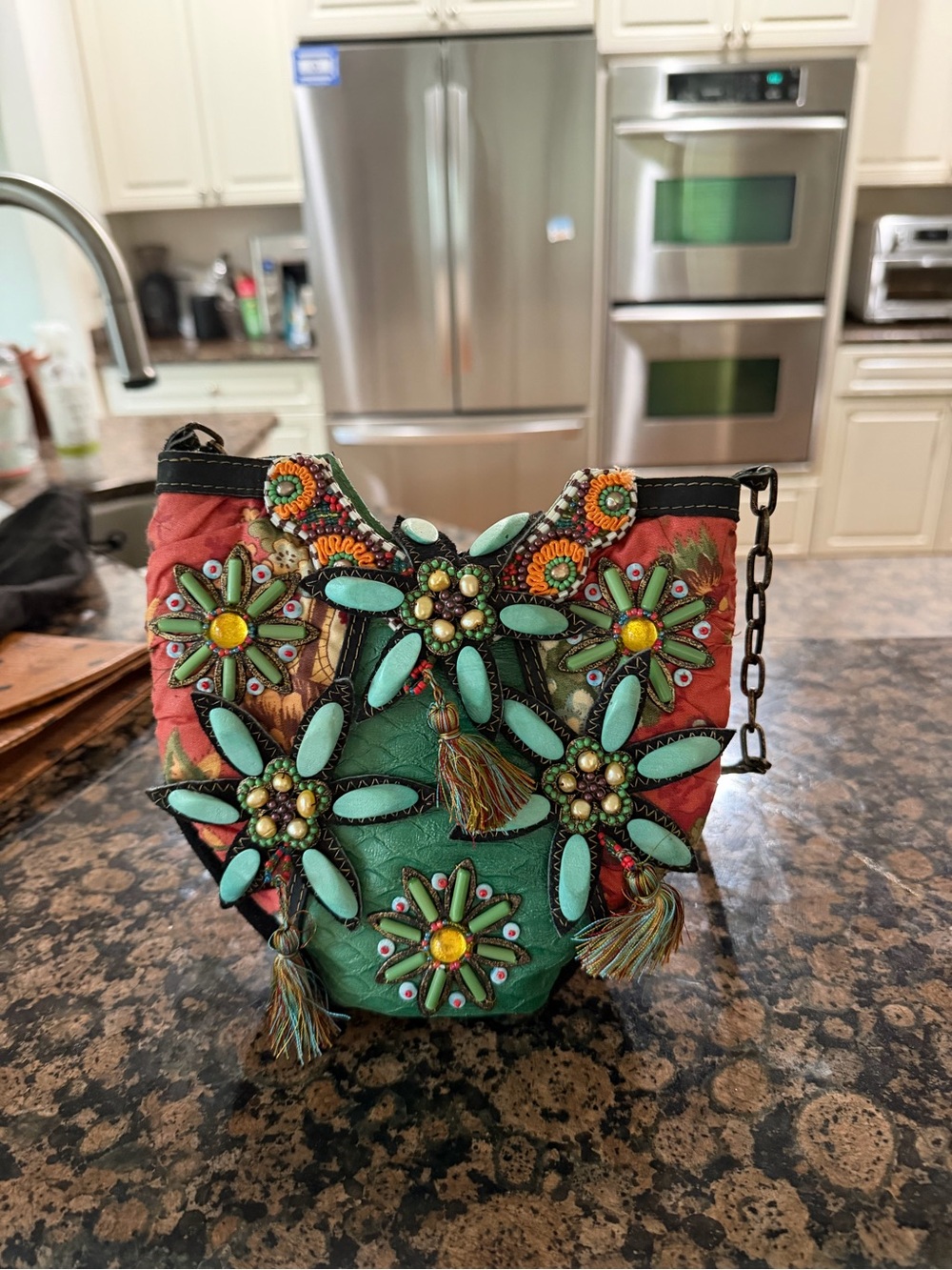 Mary Frances Turquoise & Coral Beaded Floral Crossbody